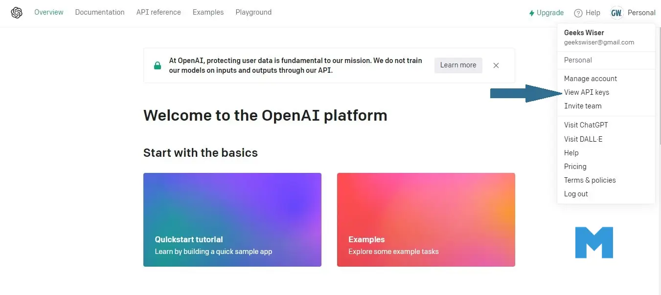 right menu to get an API Key